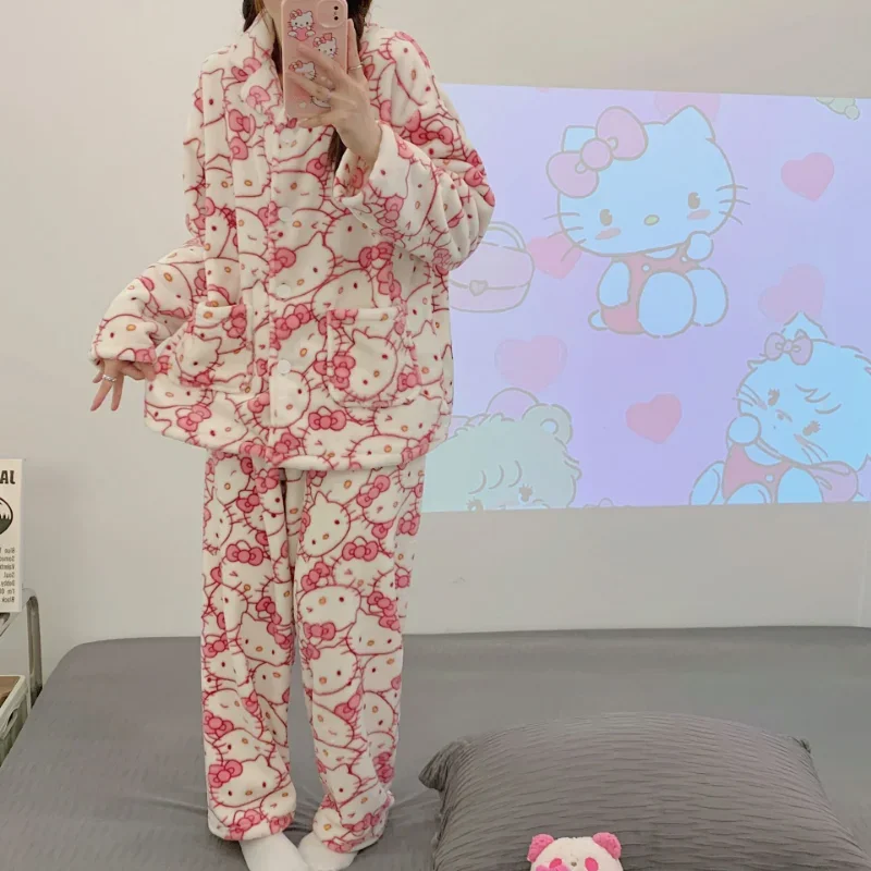 Sanrio Hello Kitty Winter Cotton Long Sleeve Trousers Two-piece Set Warm Fleece Women\'s Pajamas Coral Fleece Homewear Set