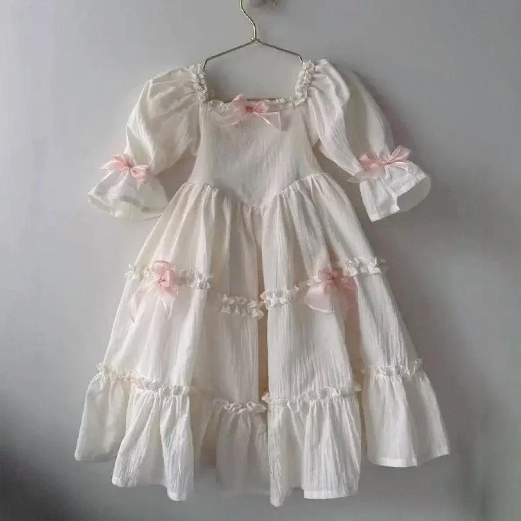 Girls Lolita Cotton Linen Dress 2026 Summer Solid Color Mid Sleeve Bow Princess Dress Vintage Palace Style Kids Party Dresses