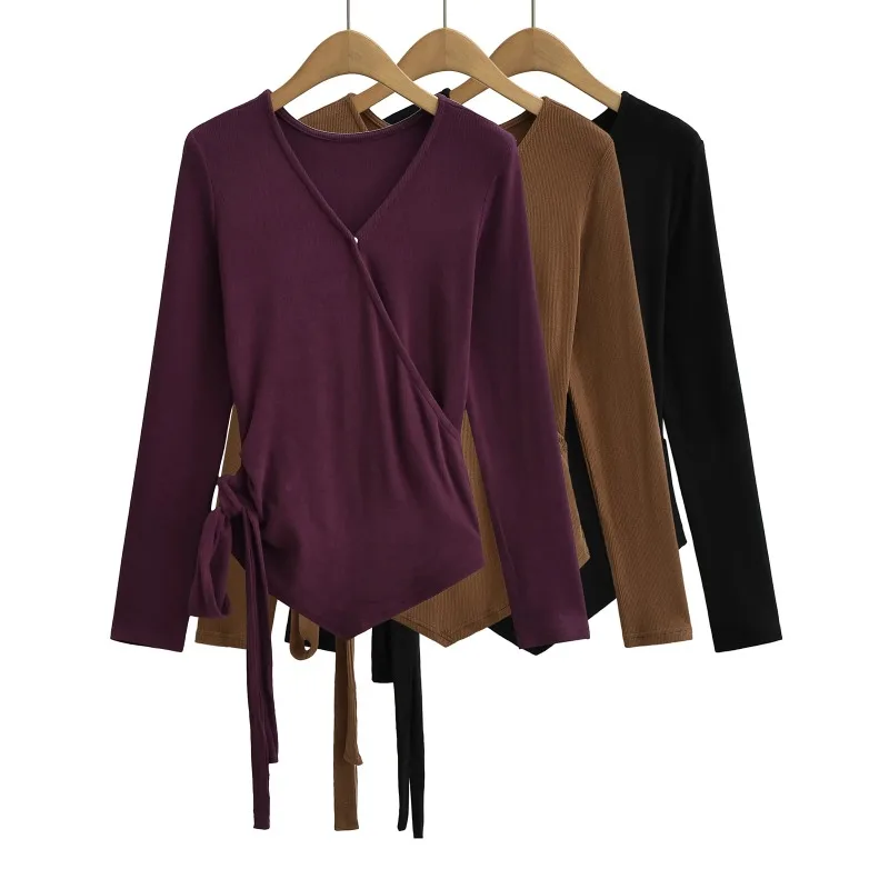 

Knot V-Collar Solid Spring Women Long Sleeve Tops Sexy Pullover Bottoming Blouses T-shirt