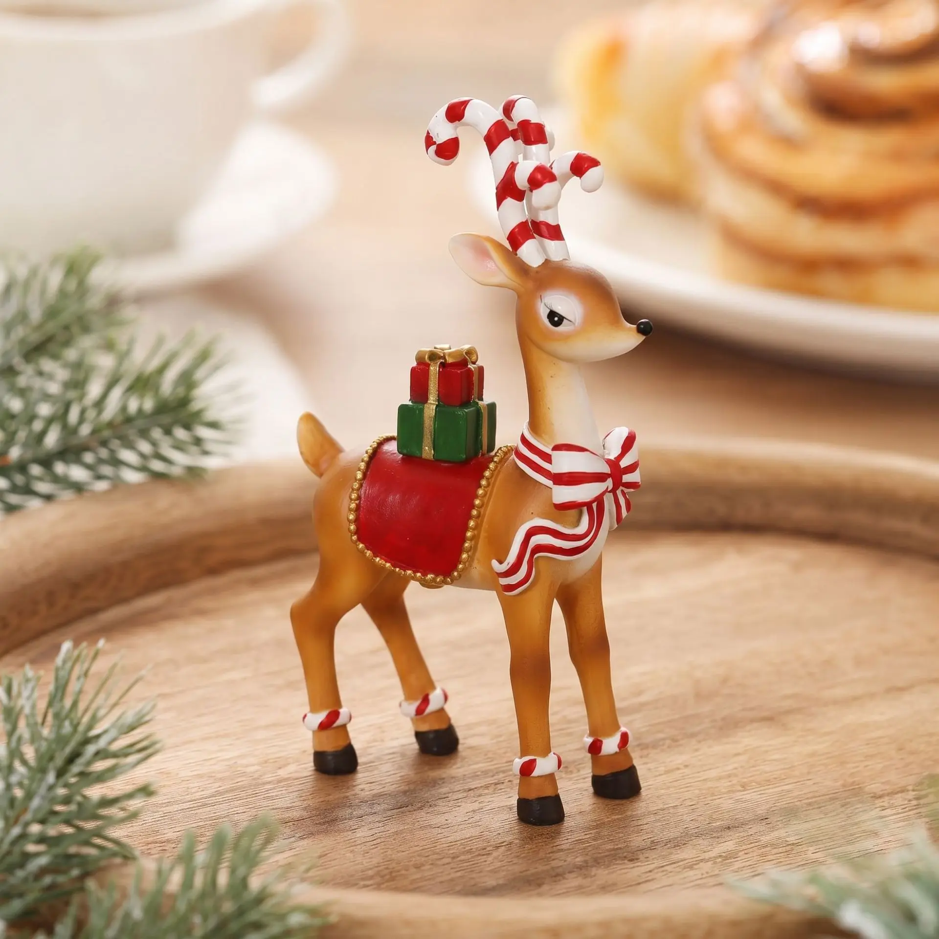 Resin Christmas Reindeer Figurine, Candy Cane Antler Deer Statue With Gift Boxes, Xmas Tabletop Home Decor Ornament
