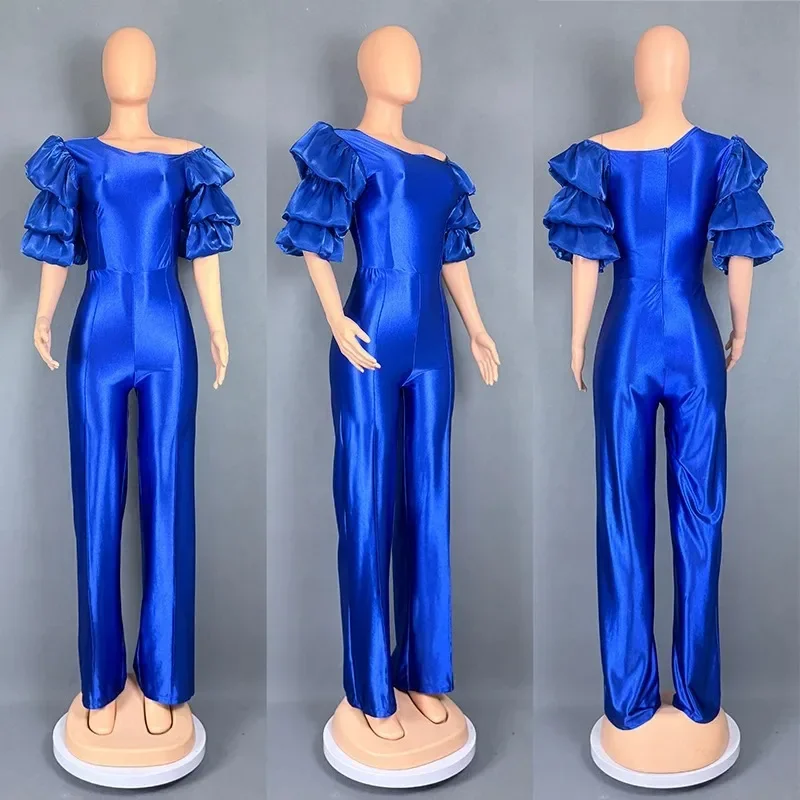 

Dashiki African Clothes for Women Summer Elegant African Short Sleeve Polyester White Black Blue Long Jumpsuit Outfits M-2XL