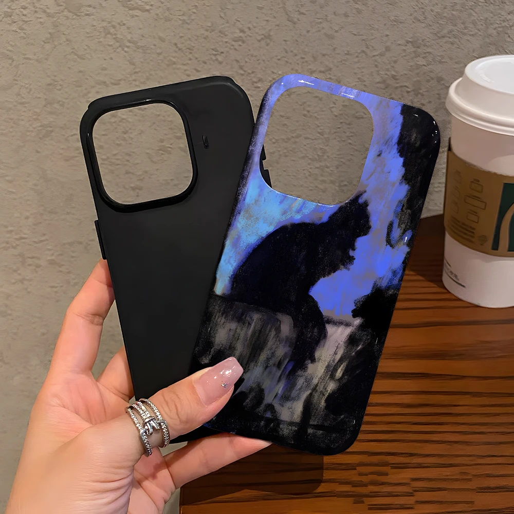Fashion INS Night Art Night Sky Cat Phone Case for iPhone 17 16e 16 15 14 13 12 11 7 Air Pro Max Luxury Double-layer Back Cover
