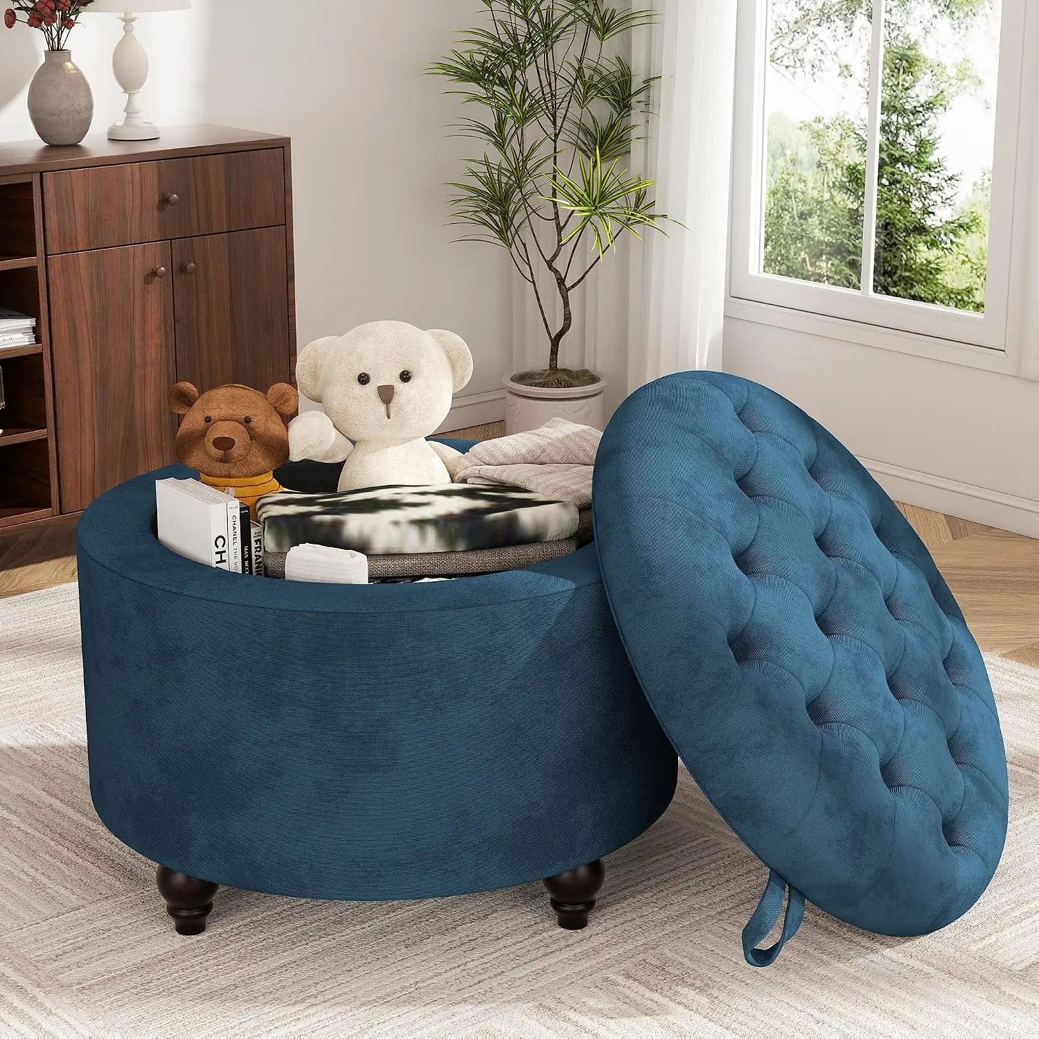 24 Inch Round Storage Ottoman,Tufted Coffee Table with Removable Top,Footrest Stool for Bedroom & Living Room, Customized