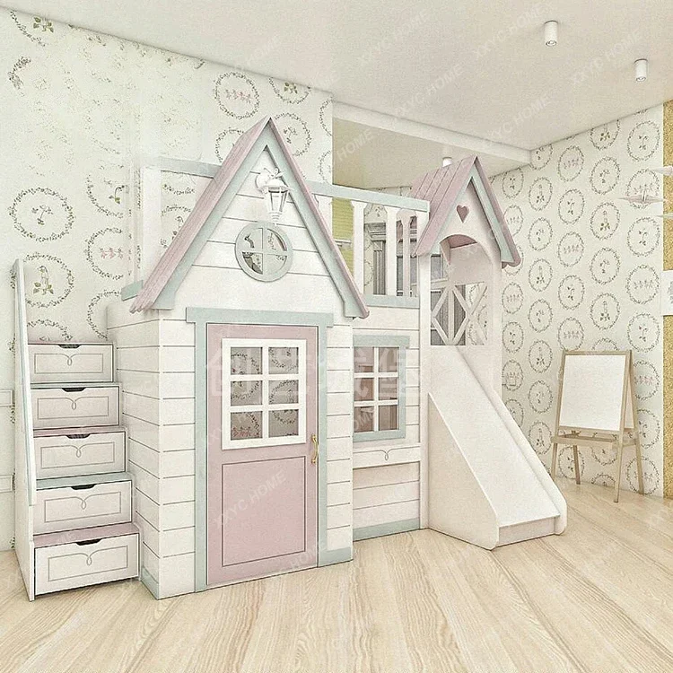 Multifunctional Girl Castle Solid Wood Children's Bed with Slide House Bed Lower Bunk bedroom furniture  slaapkamer meubels