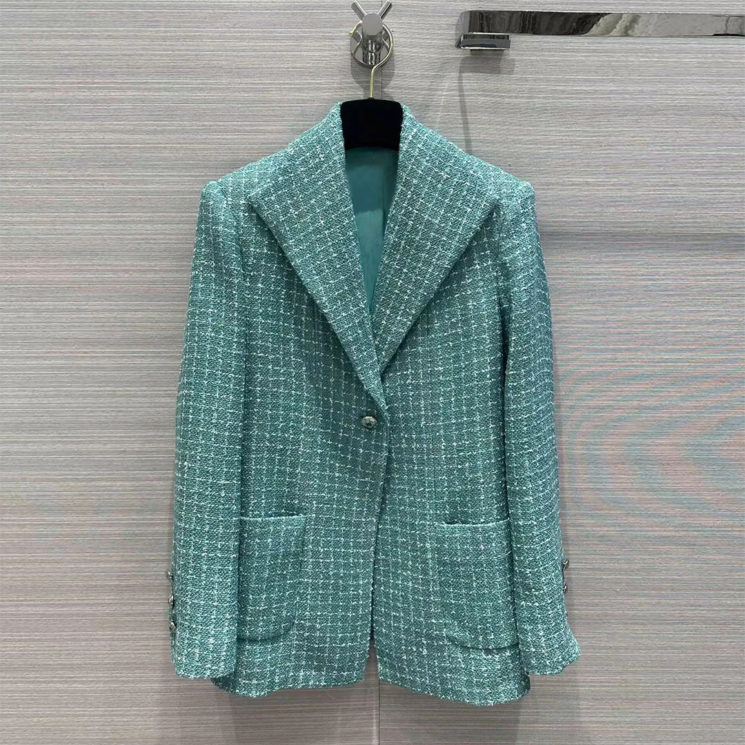 

New Fashion Runway Design Turquoise Plaid Woven Tweed Jacket Sweet Lapel Long Sleeve Pockets Vintage Blazer Coat