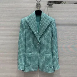 Nowa moda Runway Design Turquoise Plaid Woven Tweed Jacket Sweet Lapel Long Sleeve Pockets Vintage Blazer Coat