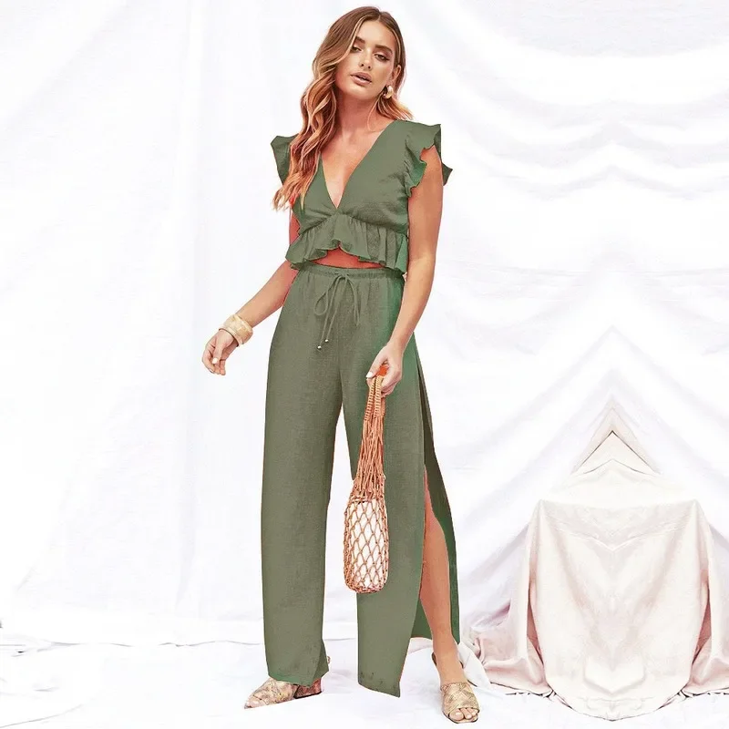 2023 Summer Women's Ruffled Sleeveless Chiffon Sexy V-neck Blouse Split Wide Leg Pants All-match Two-piece European and American