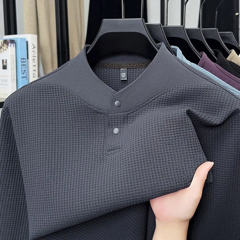 Men Autumn Winter Waffle Knit Long Sleeve T Shirt Loose Crew Neck Pullover Casual Base Layer Solid Color For Middle Aged Men