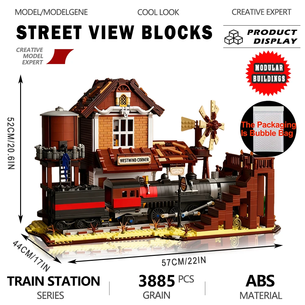 Western Train Station Street View Model Building Blocks City Module Railway Assembly Sets Bricks Toys Christmas Gifts For Kids