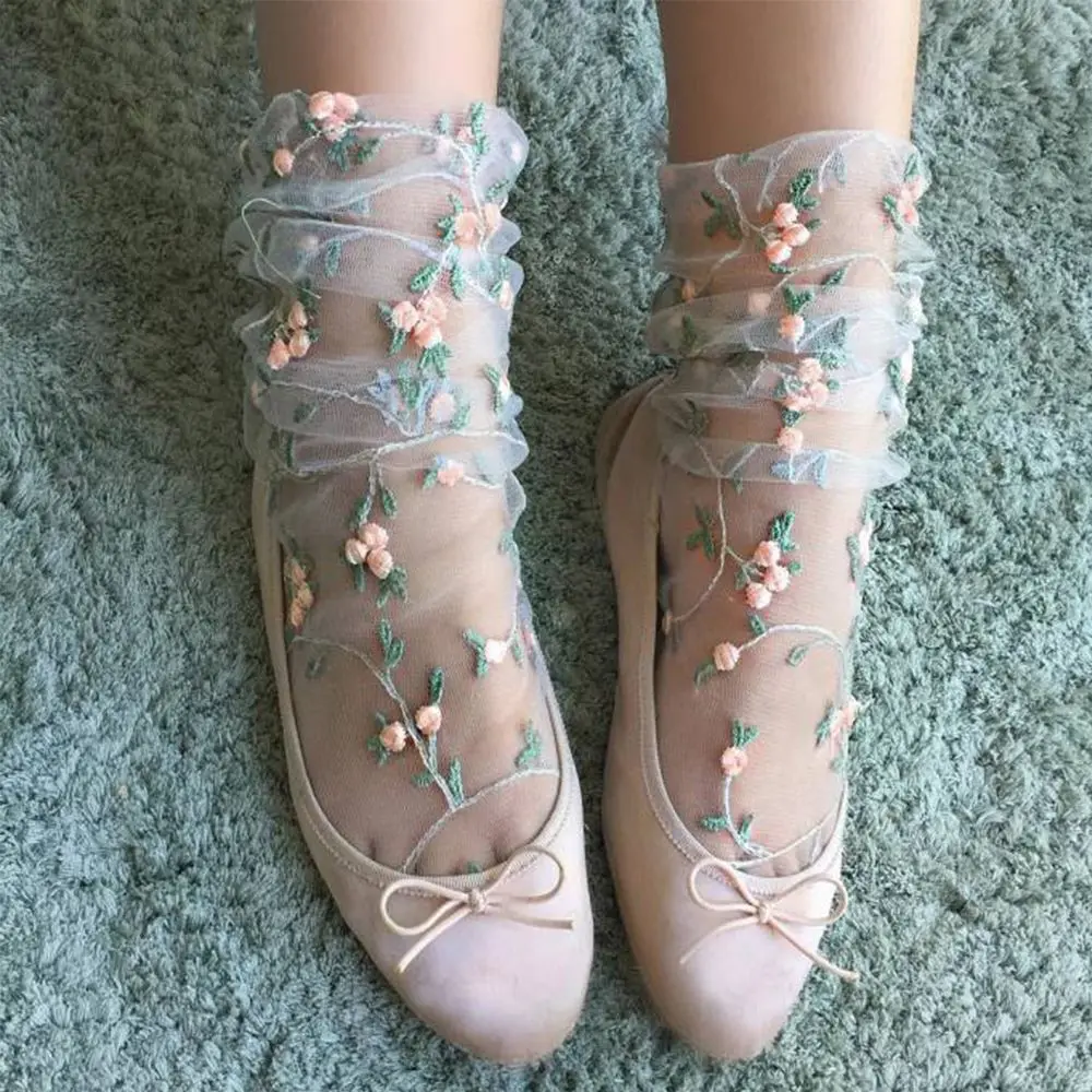 Women Summer Floral Embroidery Thin Transparent Long Socks Mesh Socks Flowers Socks