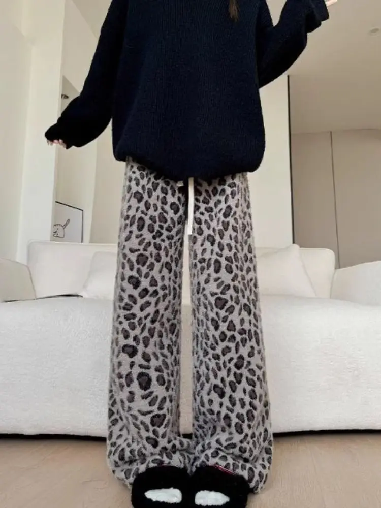 Deep coffee leopard print fleece wide-leg  women's autumn and winter fleece thickened narrow straight  mink fleece casual pants