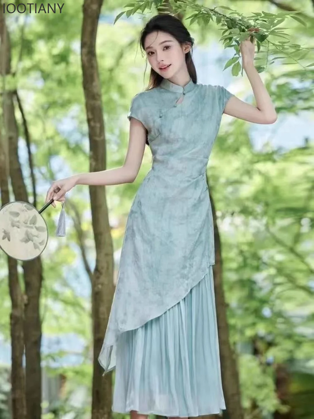 

Fashionable Retro Elegant Green Cheongsam New Chinese Style Improved Cheongsam Cool And Sweet Gradient Jacquard Cheongsam Dress