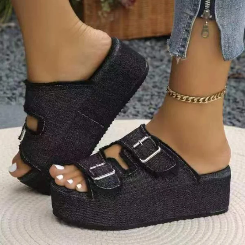 Women Denim Belt Buckle Wedge Heels Slippers Summer New Non Slip Thick Sole Beach Slippers Woman Fashion Buckle Platform Sandles