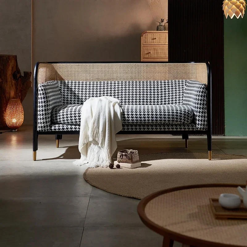 

Solid Wood Rattan Sofa Three-Seat Coffee Table Combination Small Apartment Living Room Simple Double Leisure Couch