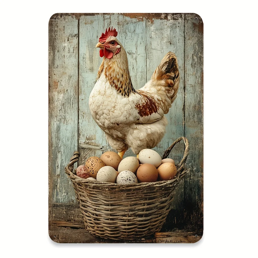 Vintage Farmhouse Eggs  Tin Sign - Rustic Style Metal Wall Decor with Rooster and Basket of Eggs, Durable Aluminum for Kitchen,