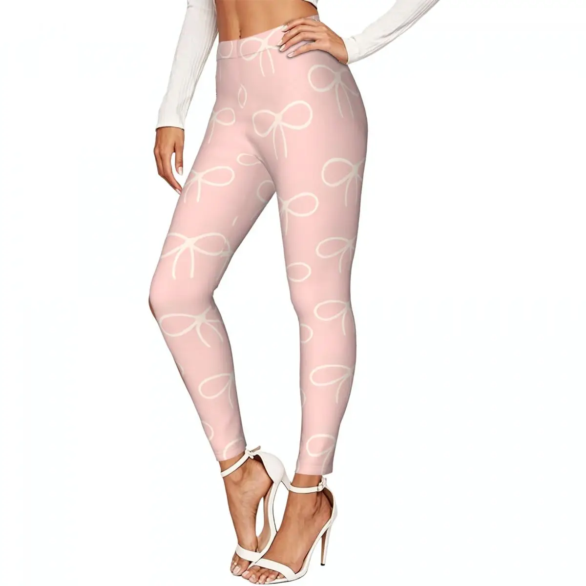 Casual Ladies Slim Leggings Cute Pink Tones With Bows Elastic High Waist Sports Daily Wear Trousers