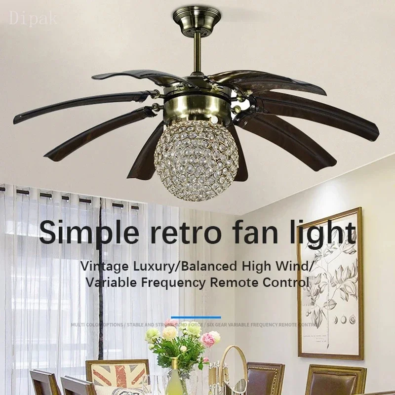 retro crystal fan with LED lights for hotel bedrooms dining rooms living rooms with remote control Strong wind American