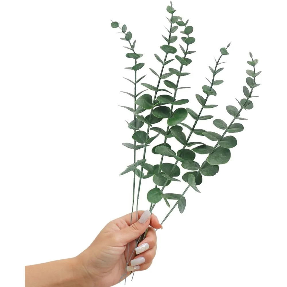 Tinsow 5 قطع من أوراق اللمس الحقيقية، جذع الأوكالبتوس الاصطناعي، باقة الزفاف، قطعة مركزية لديكور المنزل (أخضر) #1