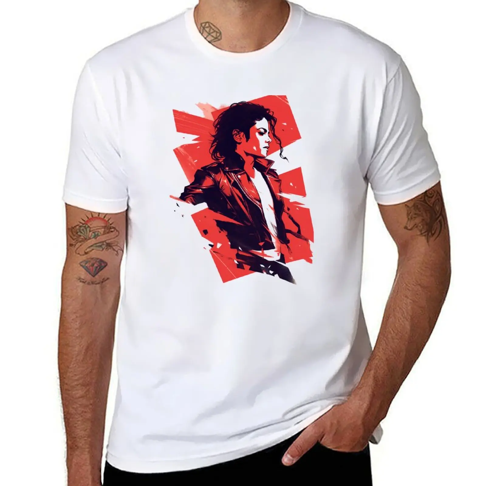 

Pop King in a Leather Jacket - Red Backdrop - Pop Music T-Shirt funny t shirts man man t shirts cotton T-shirt