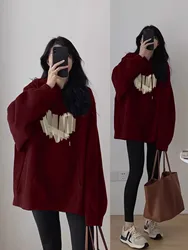 Burgundy Sweatshirt for Women Spring & Fall Thin Hooded Large Size Fat mm Slimming Look High-End Long-Sleeved Hooded Jacket