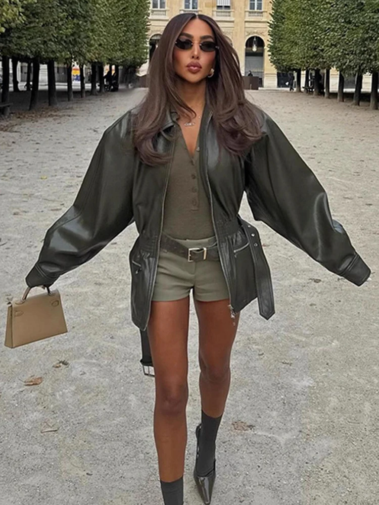 Trendix-Chaqueta de piel sintética para mujer, ropa de abrigo informal de manga larga con solapa, moda urbana, cárdigan de PU Vintage para fiesta, invierno