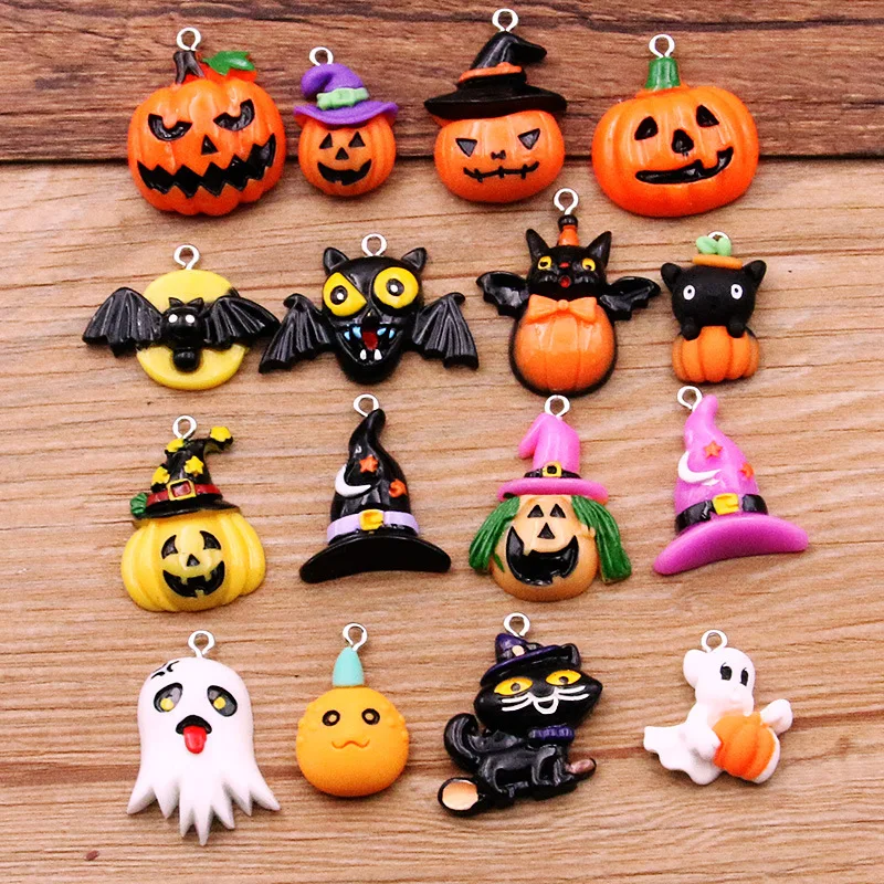 Europe and America Multicolor Resin Cartoon Pumpkin Hat Bat Skull Pendant UNISEX Halloween Themed Hip-hop Party Necklace Pendant