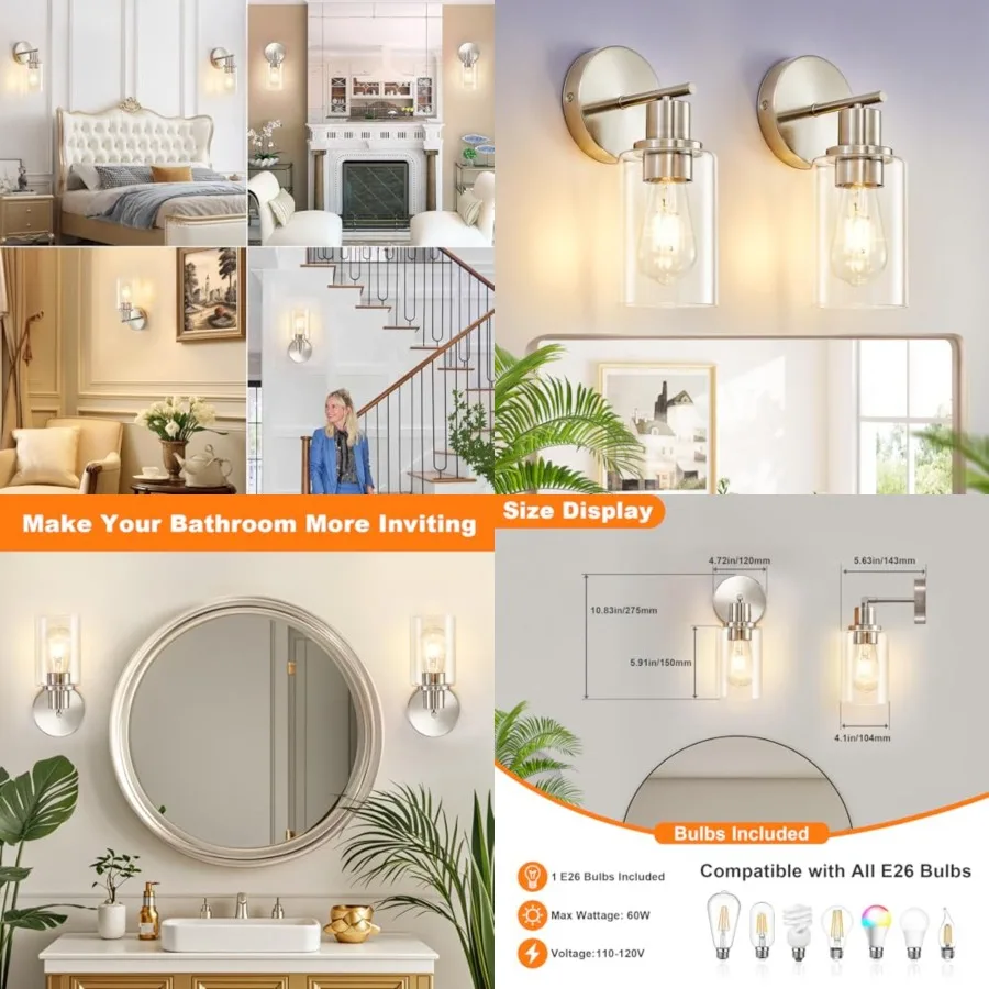 

DLLT Wall Sconces Set of Two: Modern Bathroom Vanity Light Fixtures - Nickel Vanity Lights with Clear Glass Shade - Farmhouse W