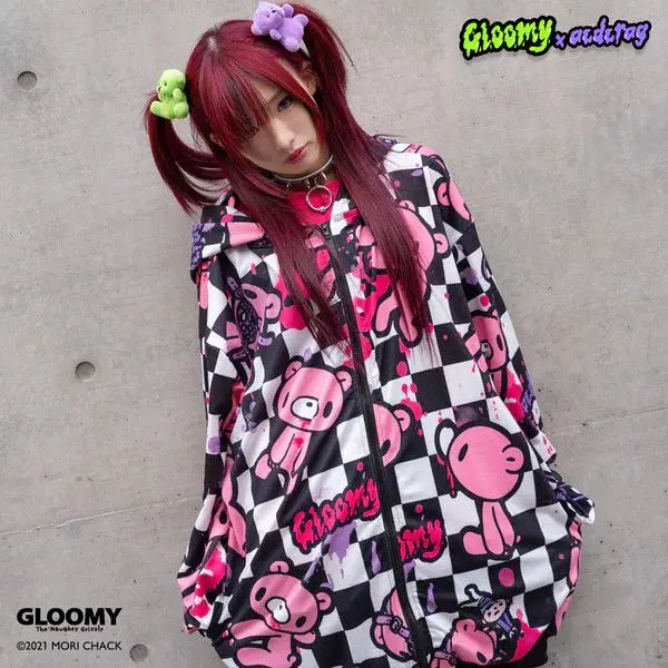 Europe and America High Street Y2K Hoodie Women's Cartoon Printed Bear Long Sleeve Coat Subculture Graffiti Loose Hooded Coat