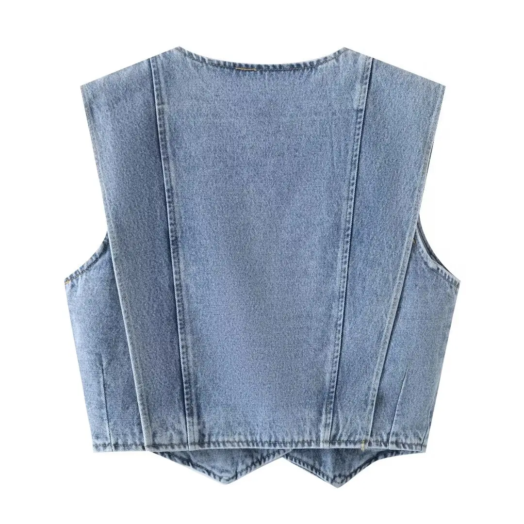 PB & ZA-Women's V-Neck Denim Vest Coat, Vintage Sleeveless Coat, Casual Female Waistcoat, Chic Tops, New Fashion, 2024 Autumn