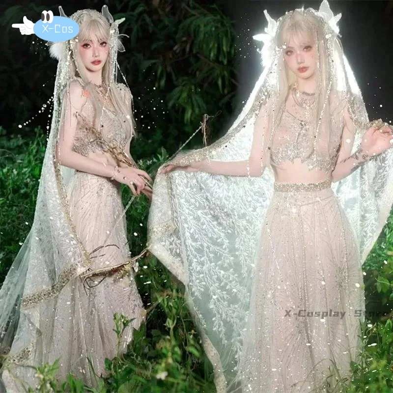 

Halloween Cosplay Forest Elf Flower Play Costume for Women Clothes White Winged Dress Anime Stage Performence Show Garment