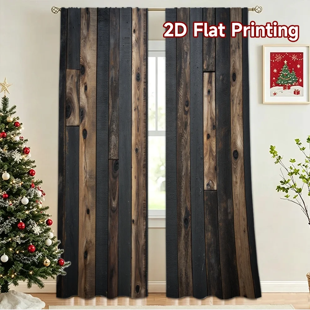 2D flat 2pcs Curtain Retro Country Style Dark Rustic Wood Planks Digitally printed polyester Festive Holiday for Holiday Parties