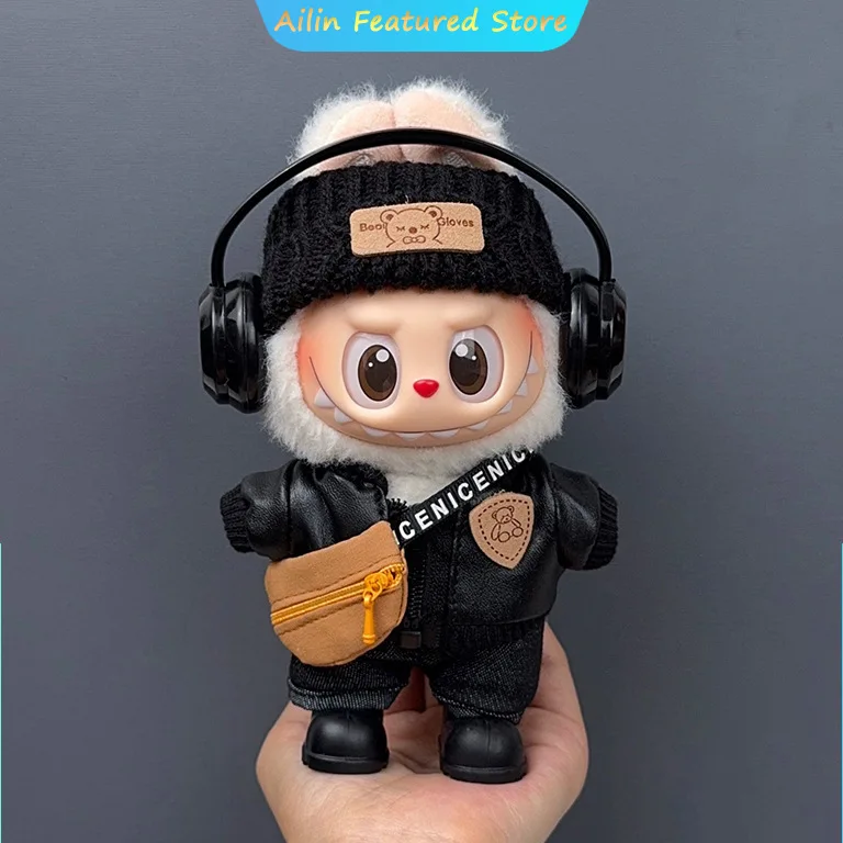 

Одежда для Labubu, модная черная куртка и брюки, комплект, сумка через плечо, повязка на голову, модная и милая одежда, милые аксессуары для одежды