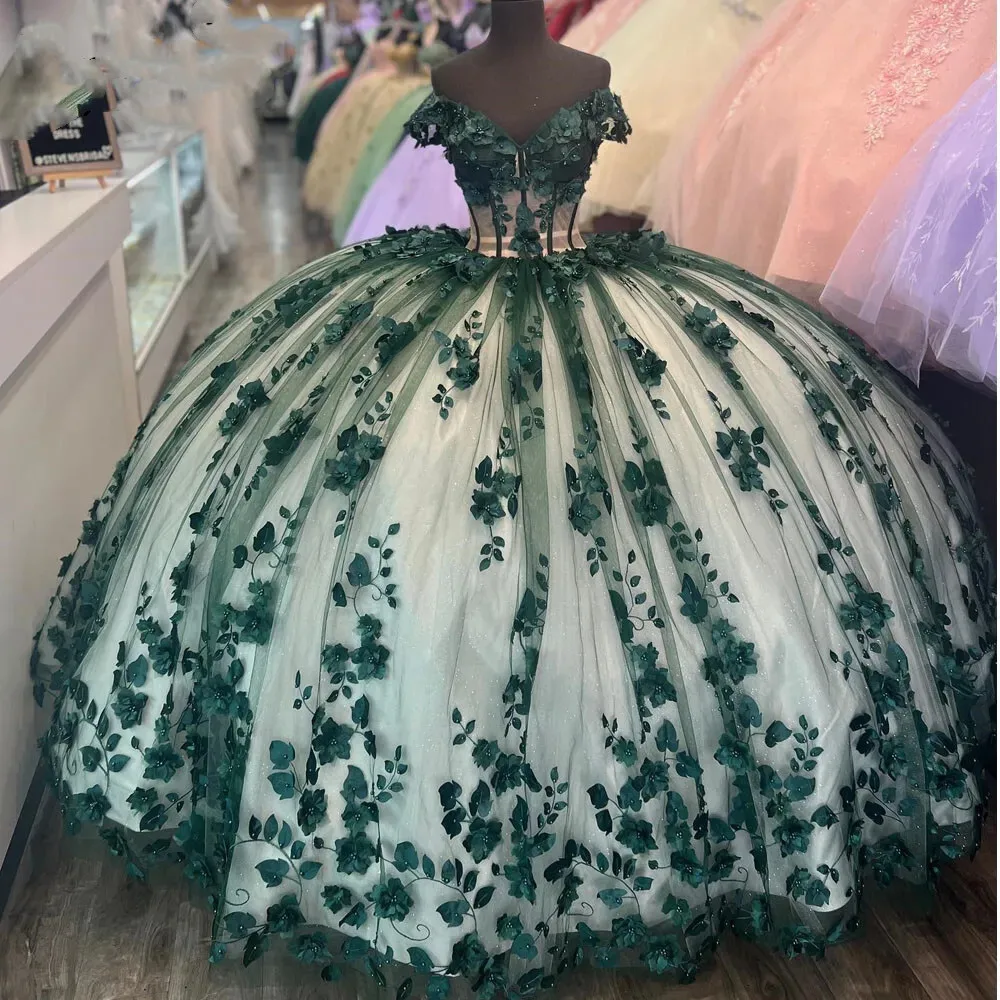 

Зеленое бальное платье принцессы Quinceanera с открытыми плечами и кружевной аппликацией, милые платья 16, Vestidos De 15 Anos, индивидуальный заказ
