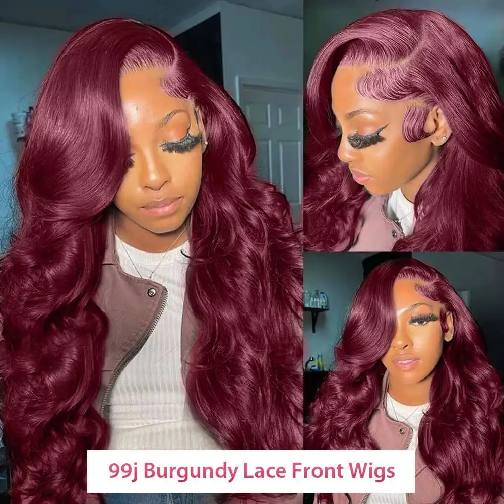 28 Inch 99J Burgundy Body Wave Human Hair 13x4 HD Transparent Lace Front Wigs 250 Density Pre Plucked 99j Burgundy Red Wine Human Hair Wigs For Women Wedding Party Christmas Daily Use - view 5