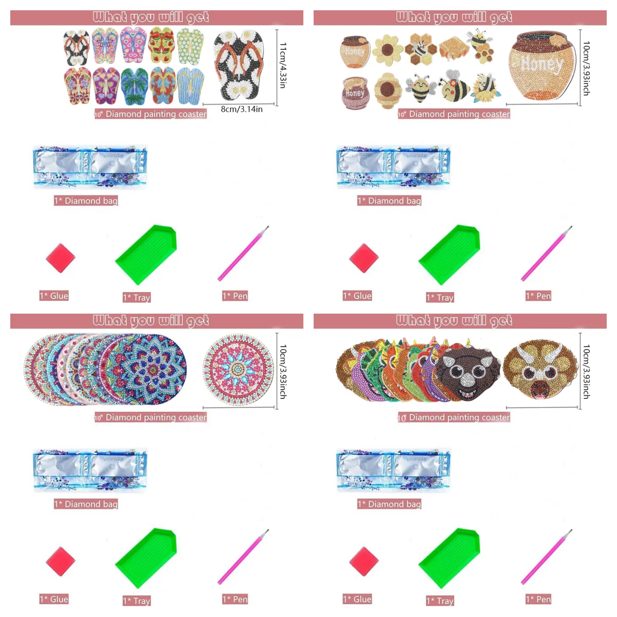 10 DIY diamond painting sets of mandala/slippers/animal pattern coasters, shelf-free wooden coasters, kitchen, living room