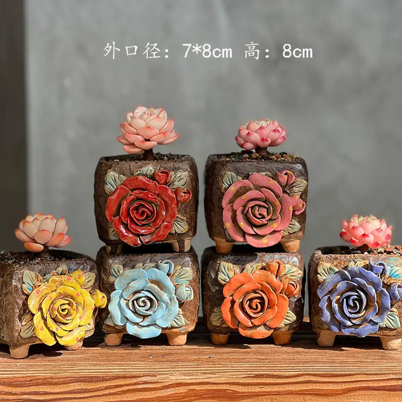 Handmade Flower Carve Succulent Flower Pot,Relief Rough Pottery Wheat Rice Stone Plant Bonsai,Desktop Decoration Craft Ornament