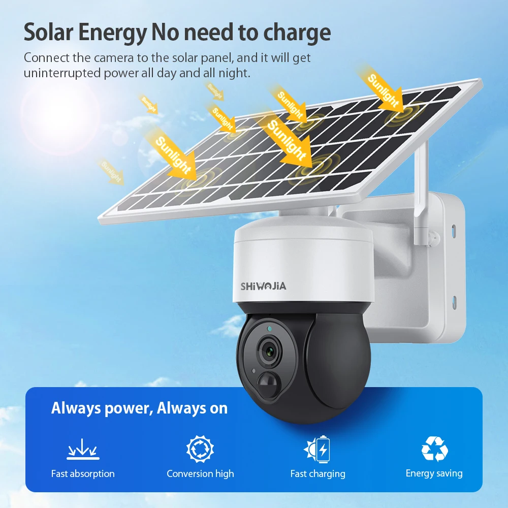 SHIWOJIA 4MP Solar Camera WIFI Outdoor Tuya PTZ Surveillance Camera Home Security Protection Video CCTV Cameras PIR Motion Alarm