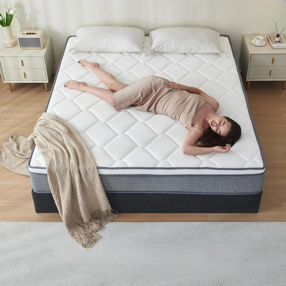 Matelas de 10 pouces, matelas complet avec ressort de poche et mousse à mémoire de forme pour instituts de pression, support de bord, gris