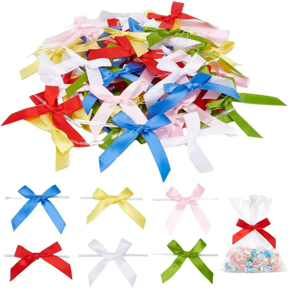 

60pcs 6 Colors Satin Ribbon Twist Tie Bows Bowknot with Iron Wire Twist Ties Gift Wrapping Bows Red Bow Ribbon for Package
