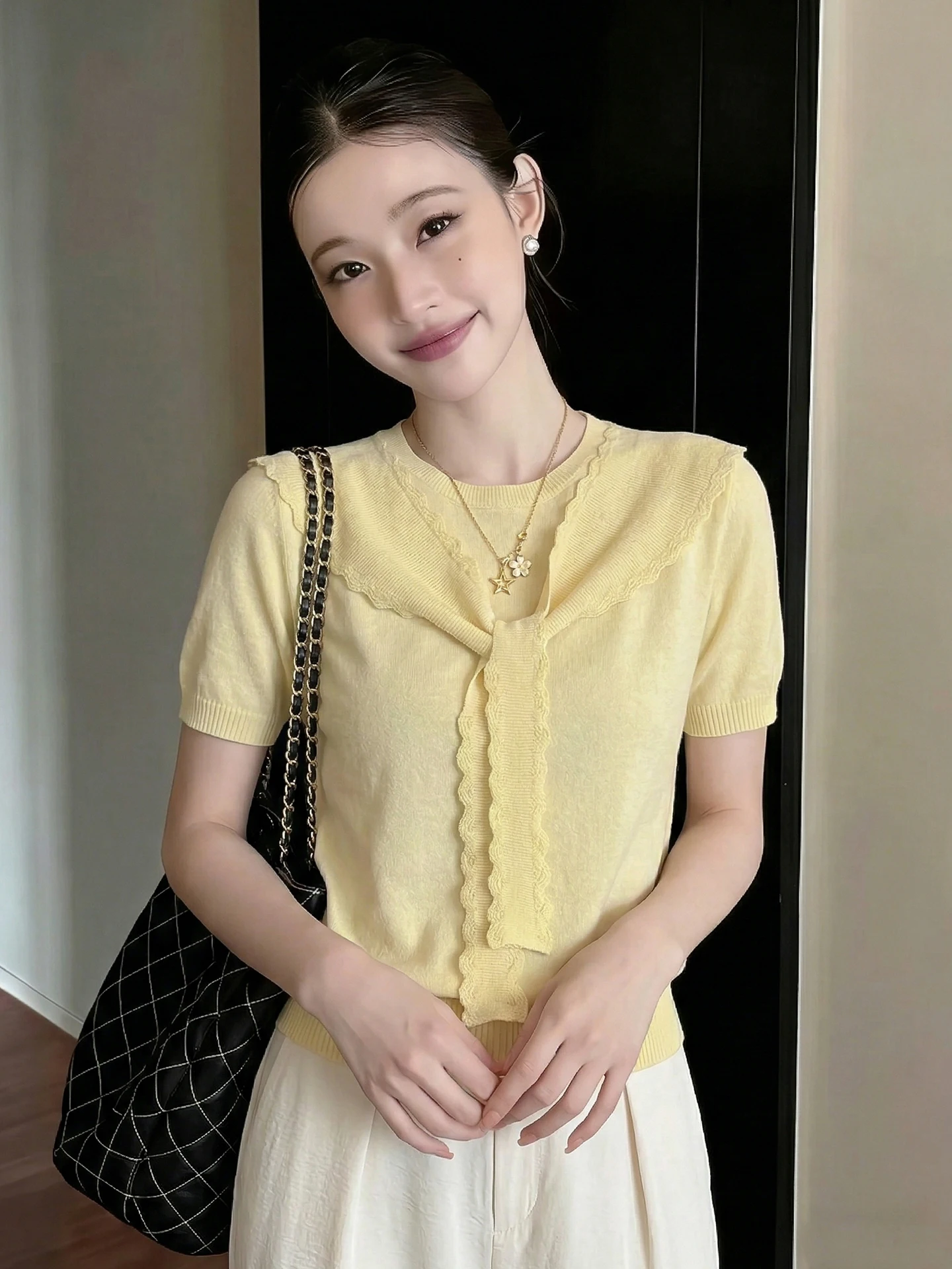 

Summer 2026 Trendy Design Knitted Shoulder Casual Short Sleeve Women's T-shirt Soft Comfortable Korean Style Straight Cut Top