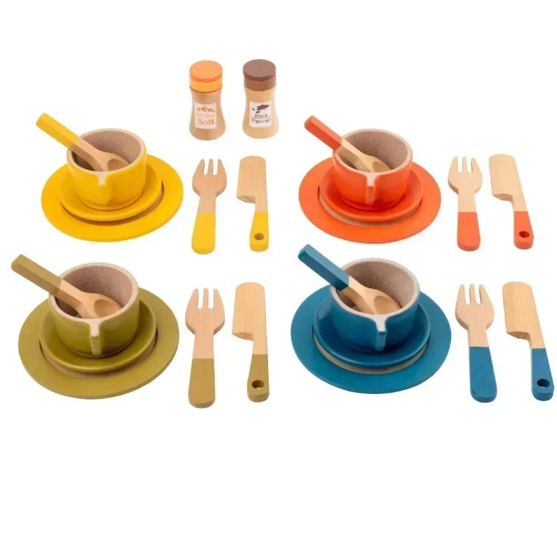 Wooden Kitchen Toy Plates Dishes Montessori Color Matching Cups Simulation Play for Kids Play Cutlery Plate Set for ChildrenGift