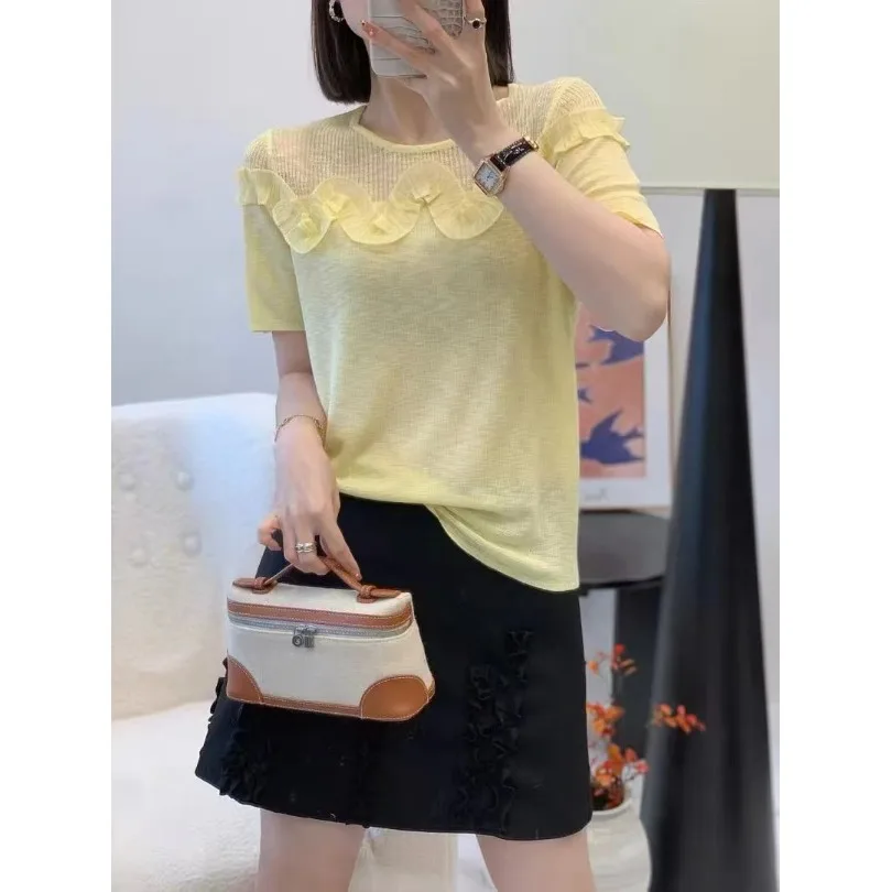 

Korean Style Short Sleeve Knitted Shirt Versatile Elegant Lady Fashion Summer New Arrival Sexy Lady Top Super Beautiful