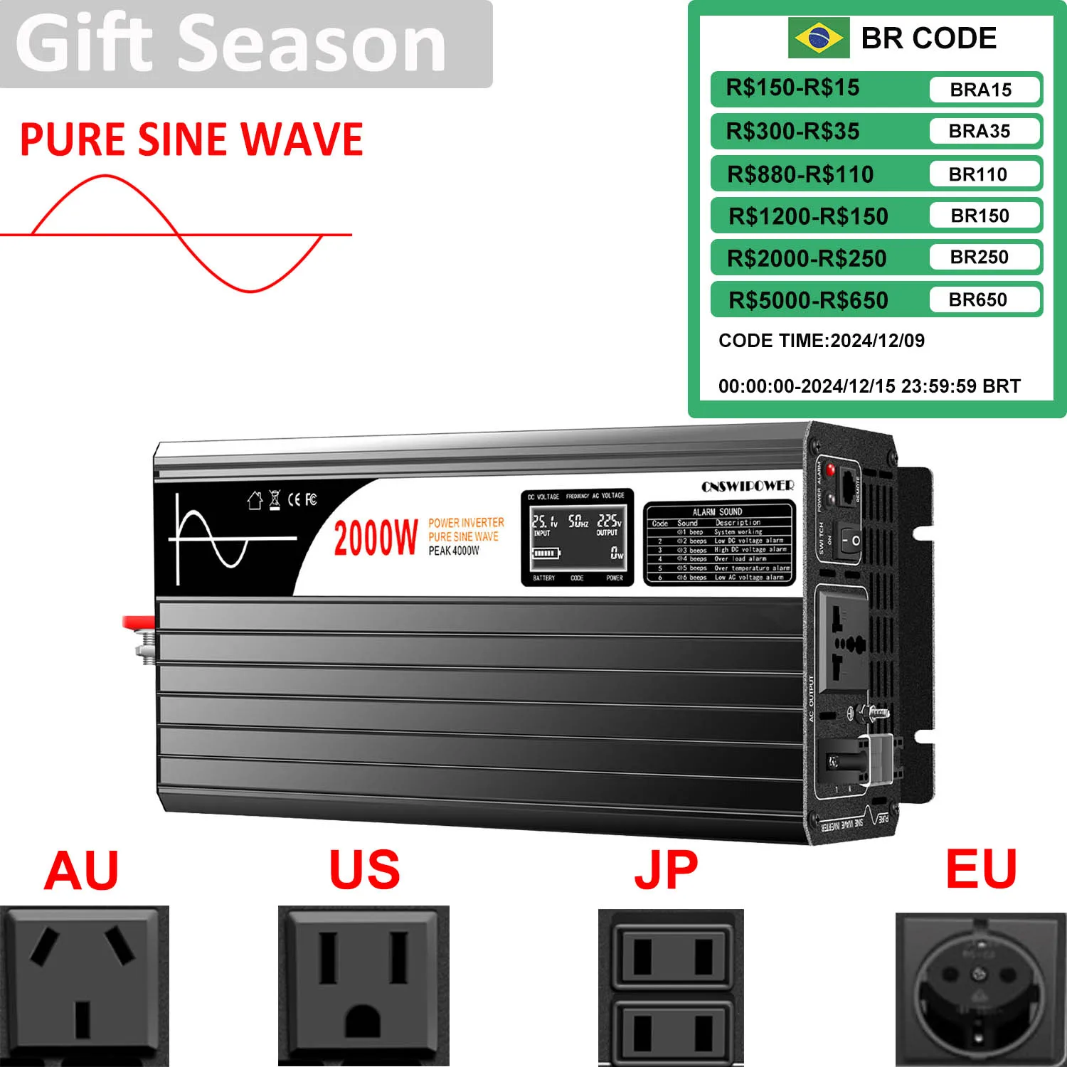 2000W pure sine wave solar power inverter DC 12V 24V 48V to AC 110V 220V LCD display
