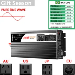 Inversor de energía solar de onda sinusoidal pura de 2000W DC 12V 24V 48V a AC 110V 220V pantalla LCD