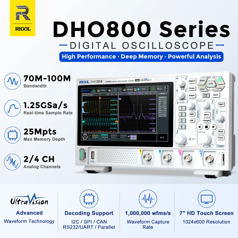 RIGOL DHO802/DHO804/DHO812/DHO814 Digital Oscilloscopes 70/100MHz 2/4Channel 25Mpts Depth