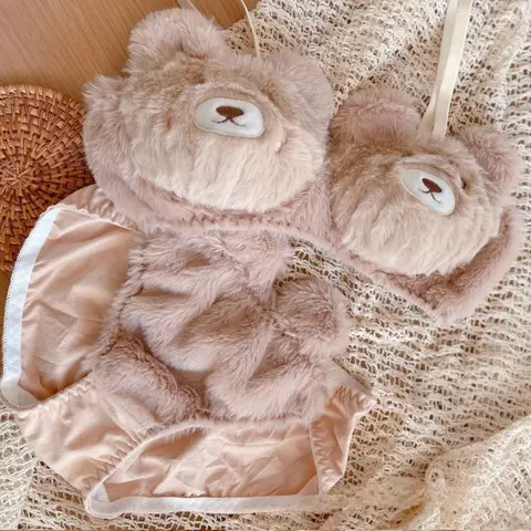 Cute Women's Intimates Plush No Steel Ring Push Up Bra & Brief Sets Sweet Bear Lolita Girl Winter Velvet Student Underwear