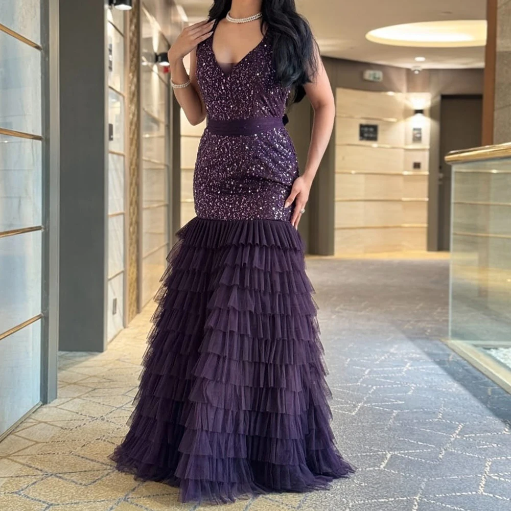 

Индивидуальные вечерние платья трапециевидной формы длиной до пола, с v-образным вырезом, без рукавов, платье для выпускного вечера, модное простое многоуровневое драпированное вечернее платье с блестками