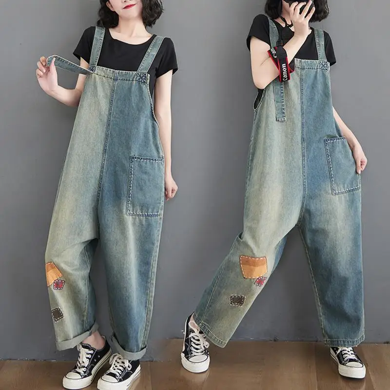 

Women Spring Fall New Fashion Vintage Patchwork Solid Color Overall Jeans Office Lady Casual Loose Oversize Denim Jumpsuits