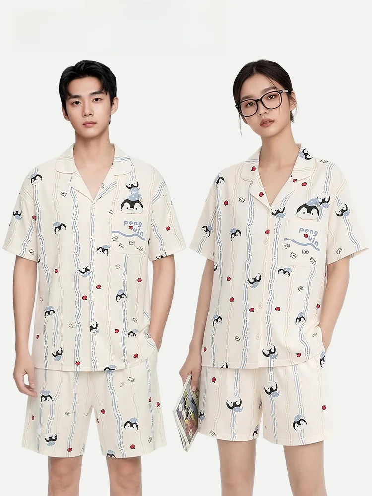 Couple's Cotton Pajamas Short Sleeve Summer Home Clothes Skin-friendly Cool Feeling Can Wear Outdoors Wave Penguin Design