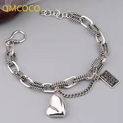 QMCOCO Silver Color Design Asymmetric Heart-Shape Pendant Square Letter Bracelet Woman Fashion Personality Jewelry Accessories